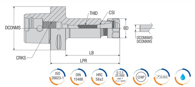 Патрон цанговый ультрапрецизионный EPS/PSK/CAPTO 63/C6 42x100мм к цангам ER25 1-16мм ISO 26623-1 форма AD AKKO AC6-ER-25-100