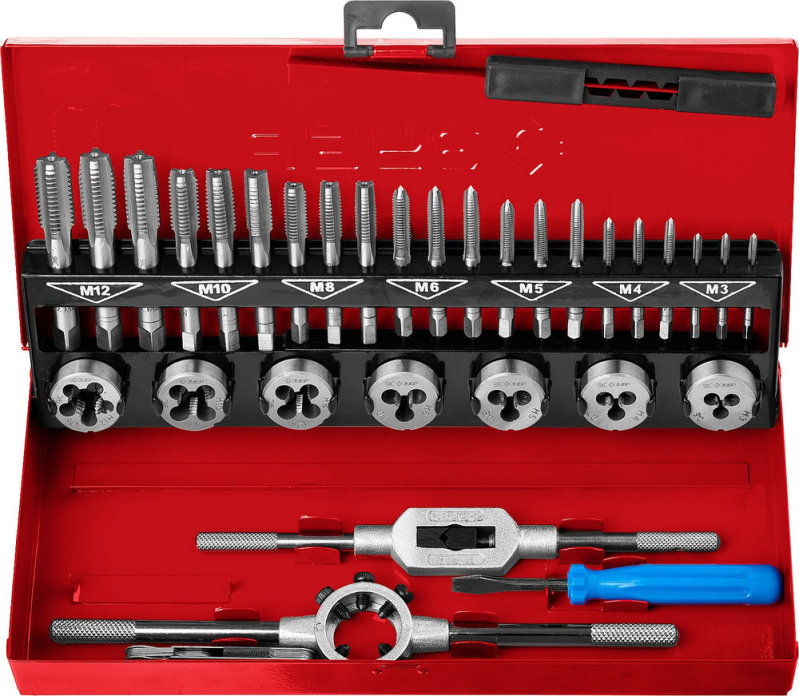 Набор метчиков и плашек М3 - М12, плашко-метчикодержатель, 32 шт, в металлическом боксе