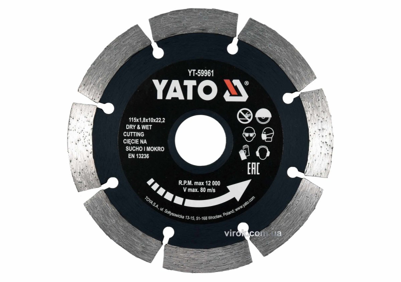 Диск відрізний алмазний по каменю і бетону YATO Ø=115x1.8x10x22.2 мм, в мокрому і сухому режимі [20]