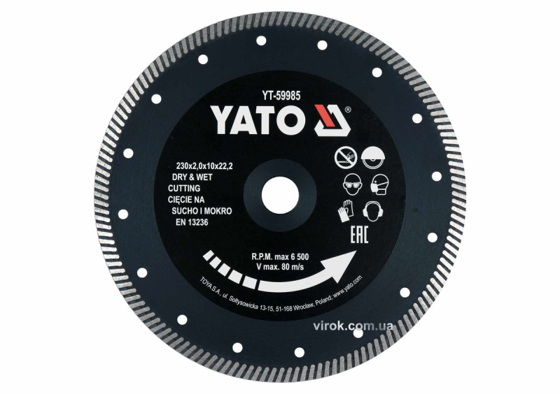 Диск відрізний алмазний по гресу, кераміці "TURBO" YATO Ø=230x2x10x22.2 мм,в мокр.і сух. режимі
