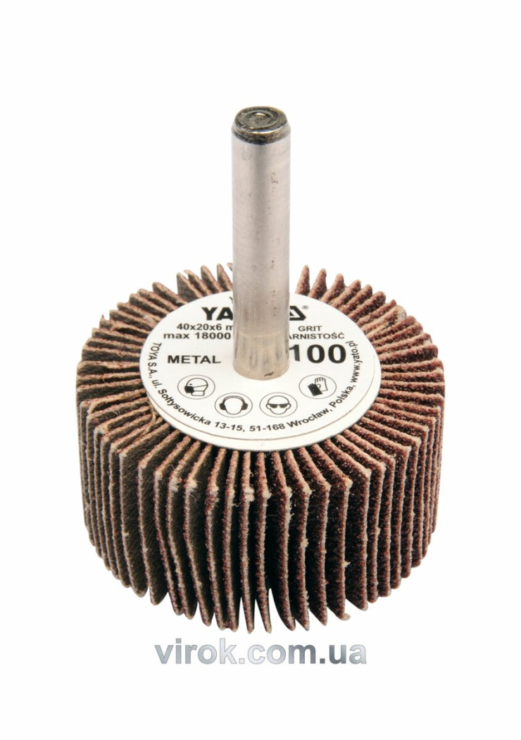 Круг пелюстковий шліфувальний YATO : подовжений Ø= 40 мм, К60, шпиндель Ø= 6 мм, H= 20 мм [10/60]