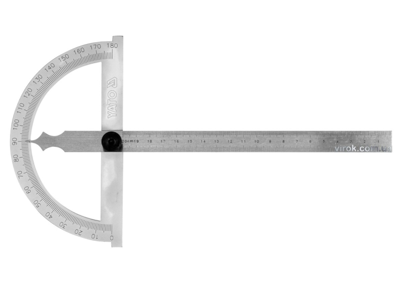 Кутомір- транспортир з лінійкою YATO; 150 х 250 мм, діапазони: кут- 0-180°, відстань- 0-200 мм