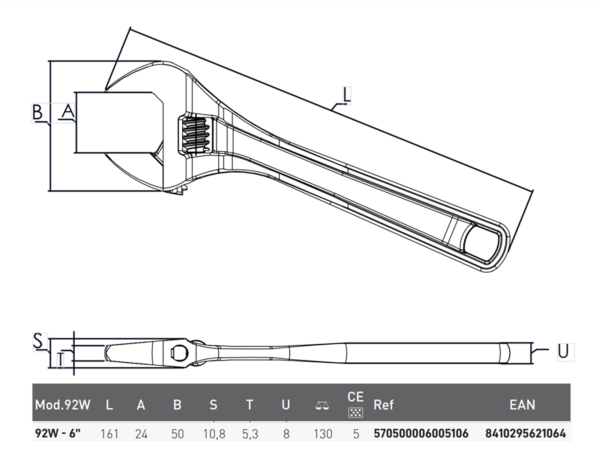 Ключ разводной IREGA 92W-6" 150 мм. захват до 24 мм классический XTRA-разведение (IREGA92W-6)