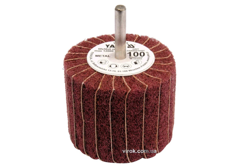 Круг пелюстковий шліфувальний YATO : подовжений Ø=60 мм, К150, шпиндель Ø= 6 мм, H= 50 мм [10/60]