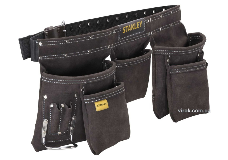 Пояс шкіряний з кишенями для інструменту STANLEY : 4 великі, 6 малих, 2 тримачі молотка і 1- рулетки