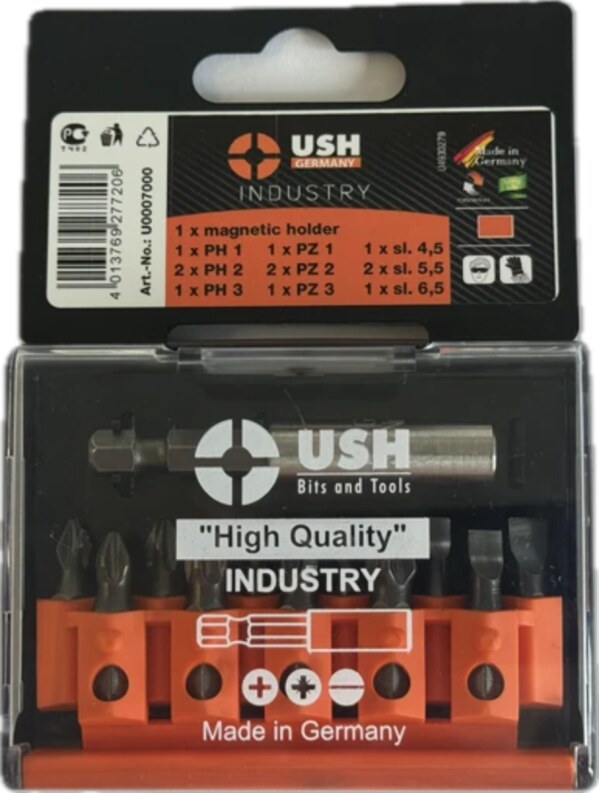 Набір насадок викруткових Industry USH: 1/4", PH1, 2xPH2, PZ1, 2xPZ2, SL4.5-6.5 магніт тримач, 12ел. (U0007000)