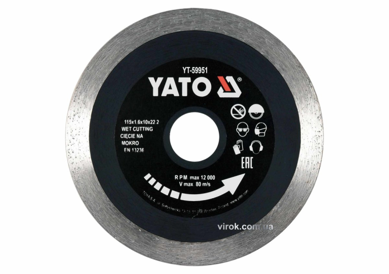 Диск відрізний алмазний по гресу, склу, кераміці YATO Ø=115х1.6х10х22.2 мм,в мокрому режимі [20/200]