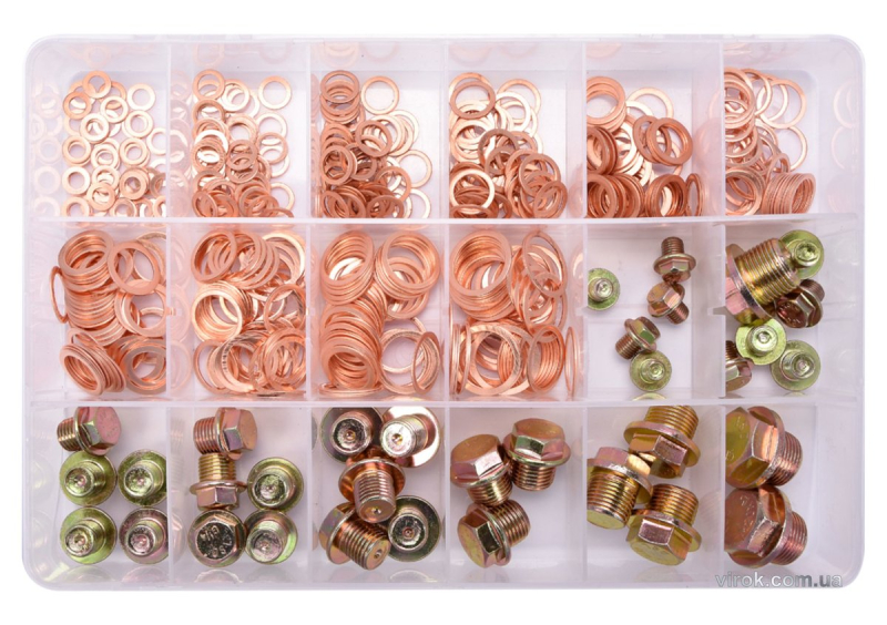 Шайби Ø= 6- 20 мм і заглушки М8- М20, G 1/4 мідні YATO в пластиковій коробці; наб. 534 шт.