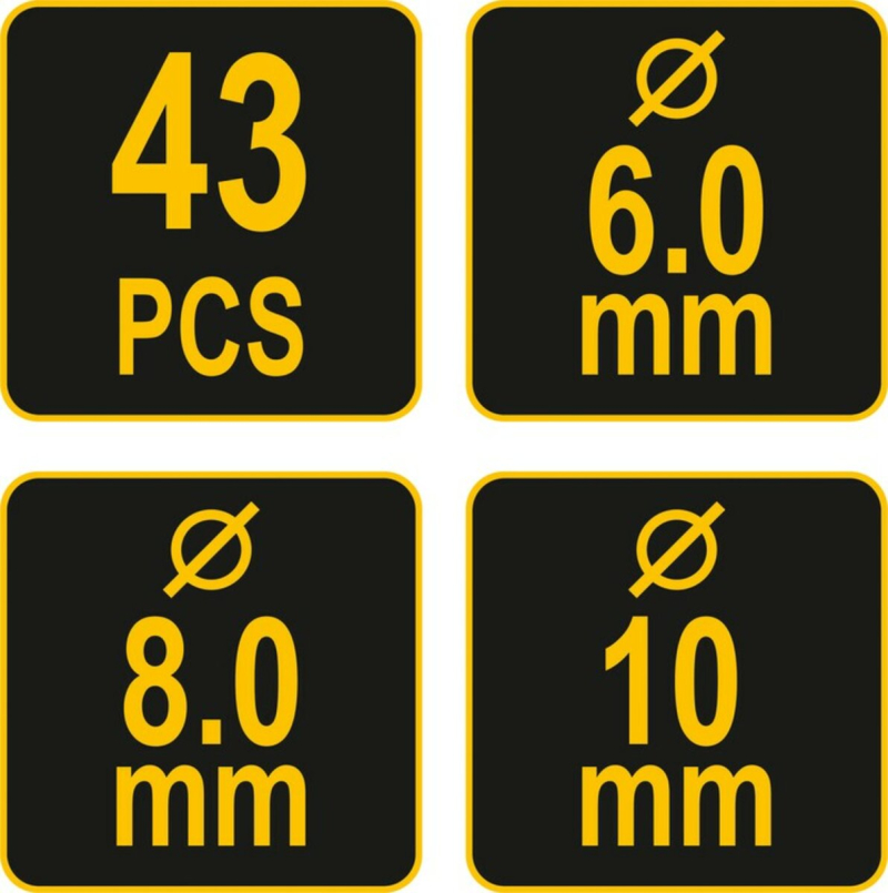 Засоби для кілкових сполучень по дереву YATO з діаметром 6, 8, 10 мм, набір 43 шт.