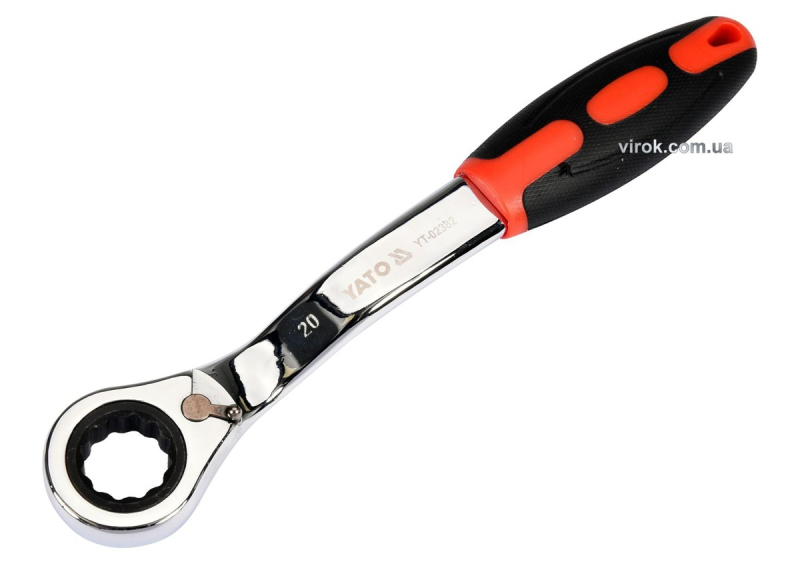 Ключ накидний, вигнутий з тріщаткою YATO: М20,HRC 42-48, Cr-V,з прогумованою ергономічною ручкою(DW)
