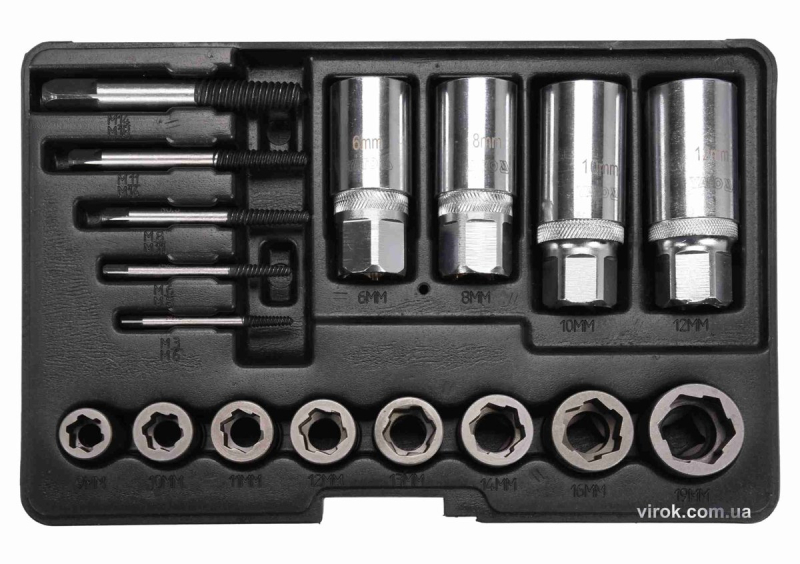 Набір екстракторів YATO : квадрат-1/2" 3/8", CrV і CrMo, для видалення зломаних гвинтів. 17 Од.