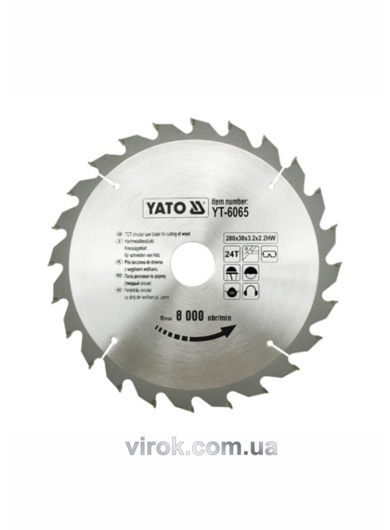 Диск пиляльний победітовий по дереву YATO: 200х30x3.2x2.2 мм, 24 зубці, R.P.M до 8000 1/хв