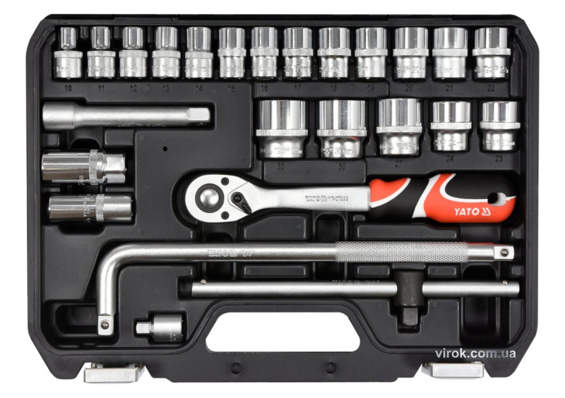 Набір головок торцевих YATO : квадрат 1/2", М10-32 з інструментами. 25 шт.