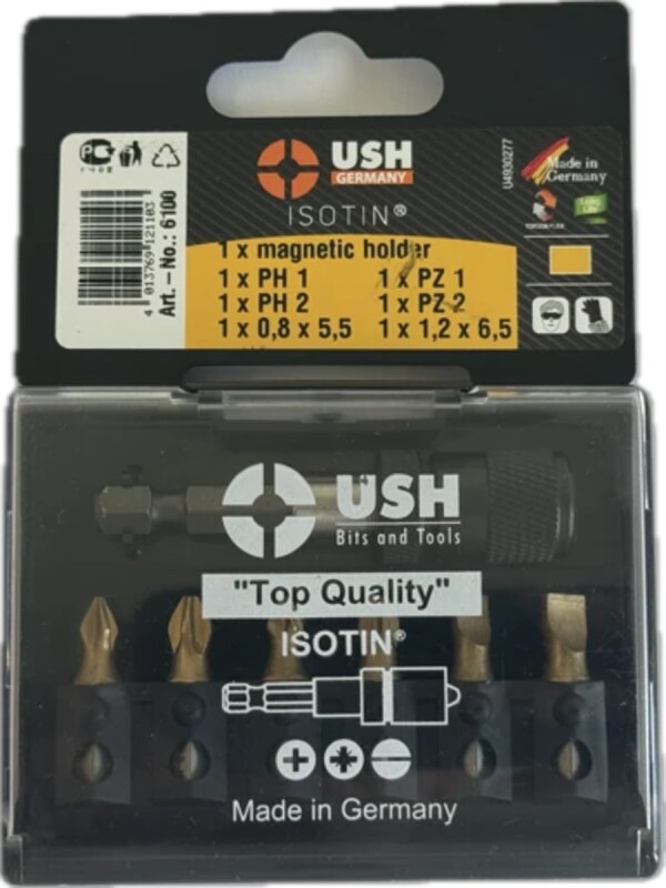 Набір насадок викруткових Isotin USH: 1/4", PH1, PH2, PZ1, PZ2, SL5.5, SL6.5 магнітний тримач, 7 ел. (U0006100)