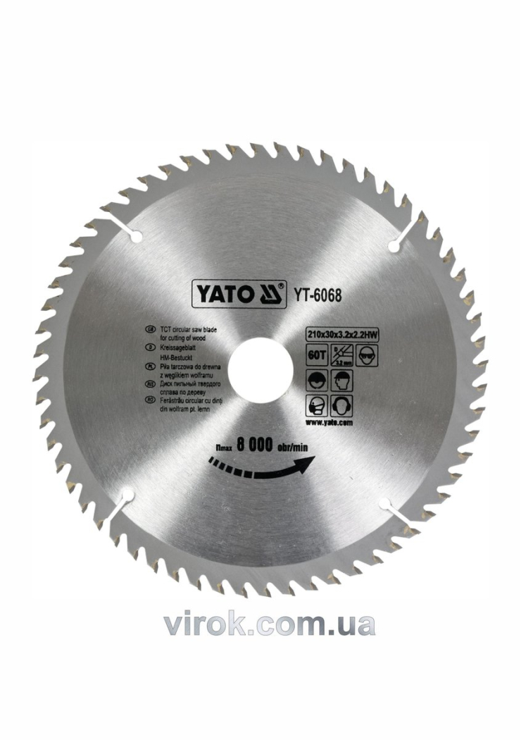 Диск пиляльний победітовий по дереву YATO: 210х30x3.2x2.2 мм, 60 зубців, R.P.M. до 8000 1/хв [10/20]