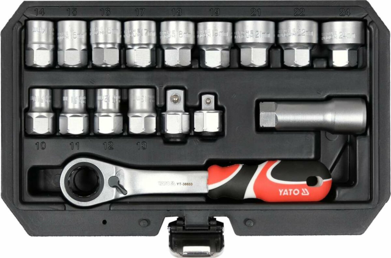 Набір головок торцевих наскрізних SPLINE YATO: квадрат 3/8" і 1/2", М10-М24 з храповим воротком [10]