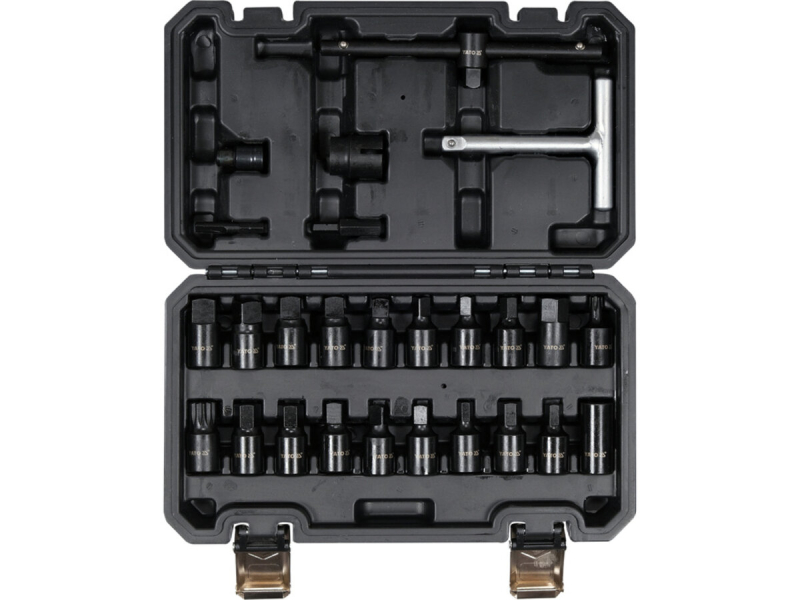 Торцеві насадки з устаткуванням для оливозливних пробок YATO: квадрат- 3/8", Cr-V, 26 шт в футлярі