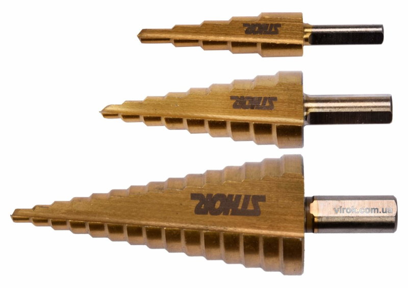 Свердла конічні ступінчасті титанові по металу STHOR : Ø= 4-32 мм, HSS 4241, 3 шт