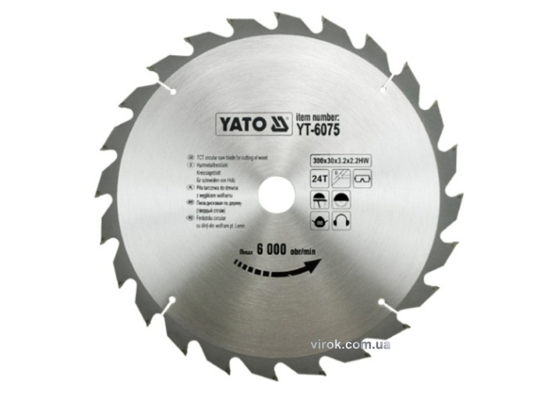 Диск пиляльний победітовий по дереву YATO: 300х30x3.2x2.2 мм, 24 зубці, R.P.M до 6000 1/хв [10]