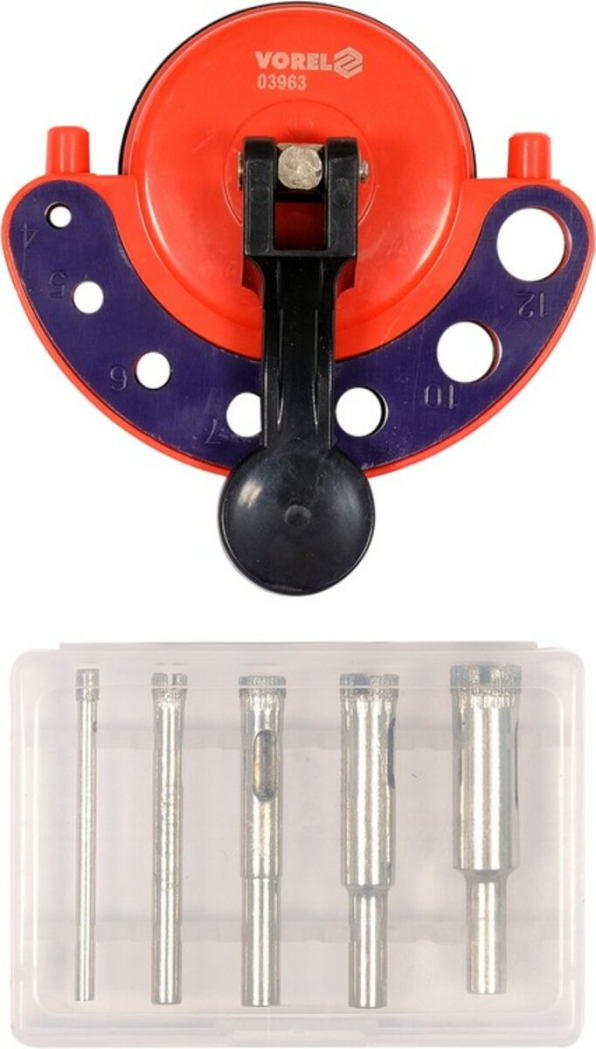 Шаблон для свердління в плитці VOREL: зі свердлами Ø 4- 12 мм, l= 55 мм і присоскою [12/36]