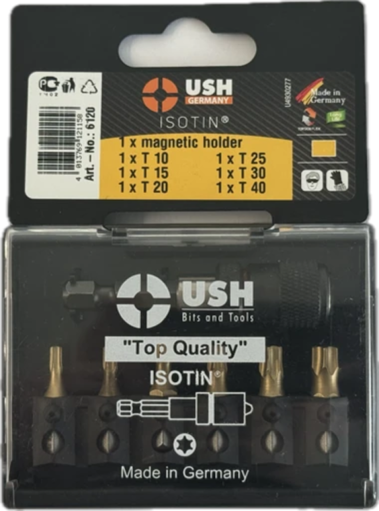 Набір насадок викруткових Isotin USH: 1/4", T10, T15, T20, T25, T30, T40 магнітний тримач, 7 ел.