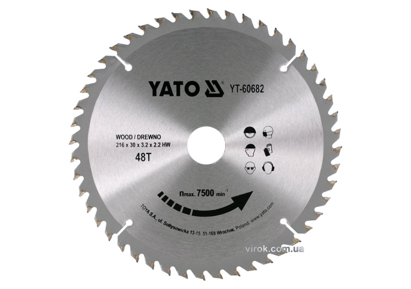 Диск пиляльний победітовий по дереву YATO: 216х30х3.2х2.2 мм, 48 зубців, R.P.M до 7500 1/хв