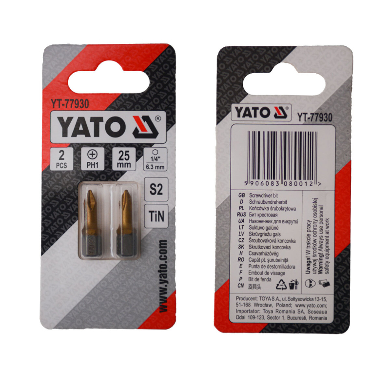 Насадка викруткова YATO PH1 х 25 мм. HEX 1/4", покрита титаном, 2 шт.
