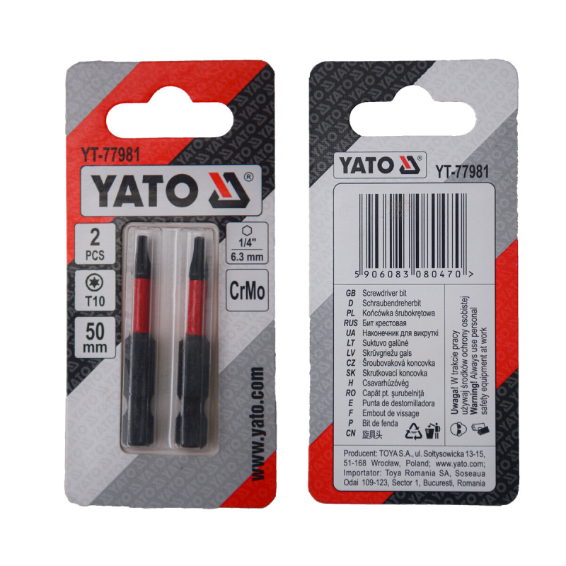 Насадка викруткова YATO TORX T10 х 50 мм HEX 1/4", хром-молібден, 2 шт.