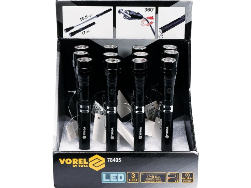 Фонарь с телескопическим держателем и магнитом VOREL l=170-565 мм, 3 LED (78405)