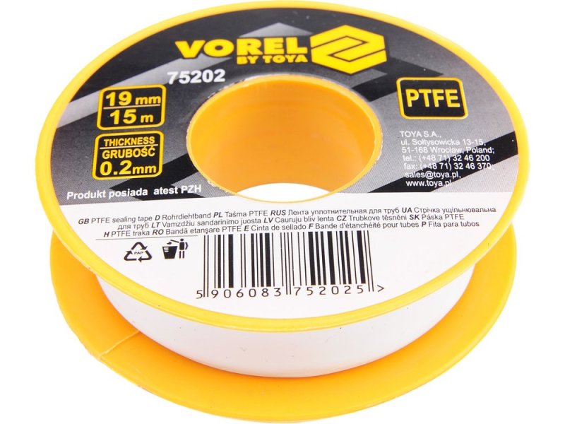 Стрічка тефлонова ФУМ VOREL 75202, 15 м х 19 мм х 0,2 мм