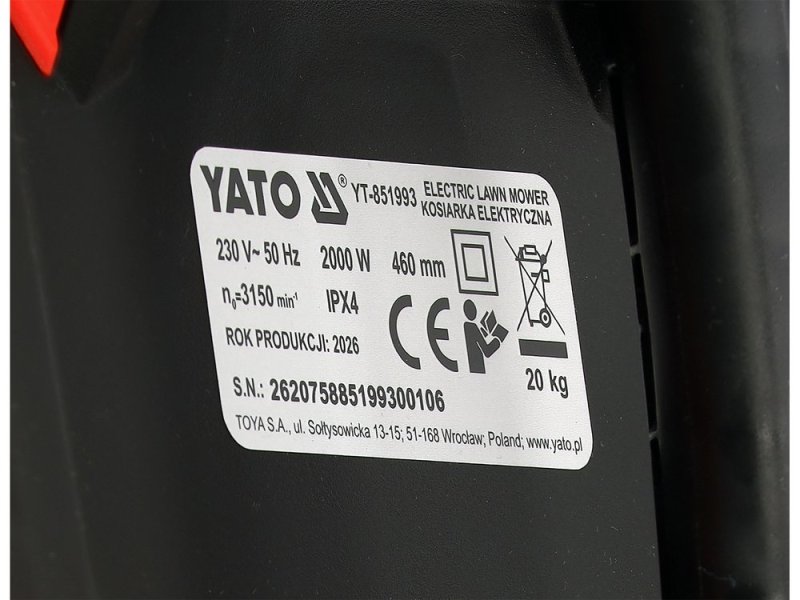 Газонокосилка электрическая YATO 2000 Вт, покос 46 см, сборник 60 л
