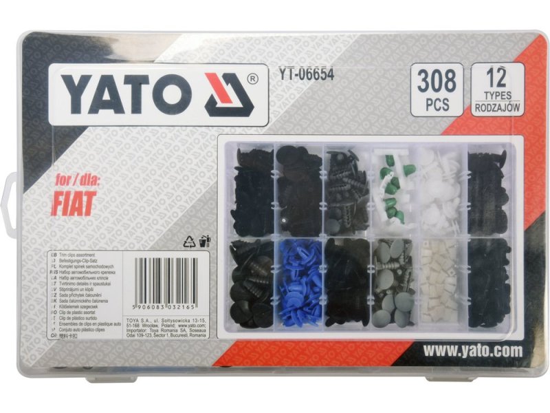 Клипсы для обшивки салона FIAT YATO YT-06654, 12 типоразмеров, 308 шт