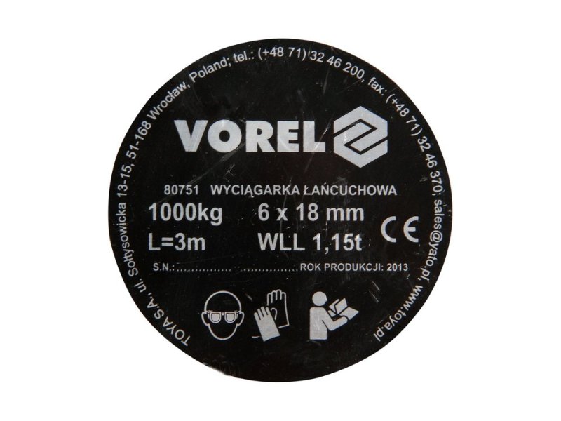 Таль цепная 1 т VOREL 80751, цепь 3 м, подъем 2,5 м