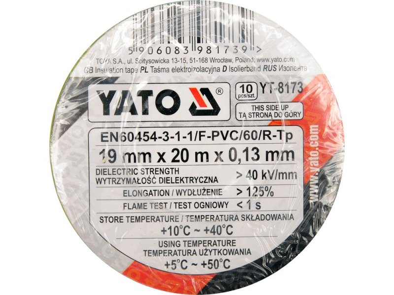 Изолента ПВХ 19 мм х 20 м YATO YT-8173, набор 10 шт, 5 цветов