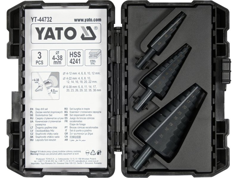 Набор сверл ступенчатых 3 шт YATO YT-44732, 4-12/4-22/6-38 мм, HSS