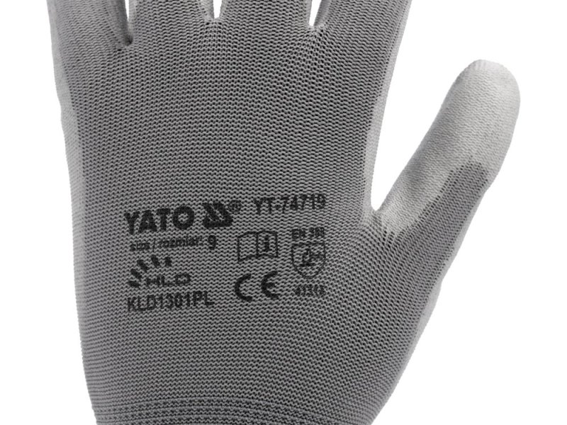 Перчатки рабочие с полиуретановым покрытием YATO YT-74719, размер 9, серые