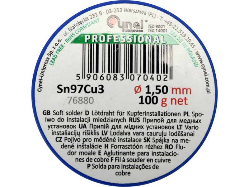 Припой сантехнический 1,5 мм VOREL 76880, Sn97Cu3, 100 г