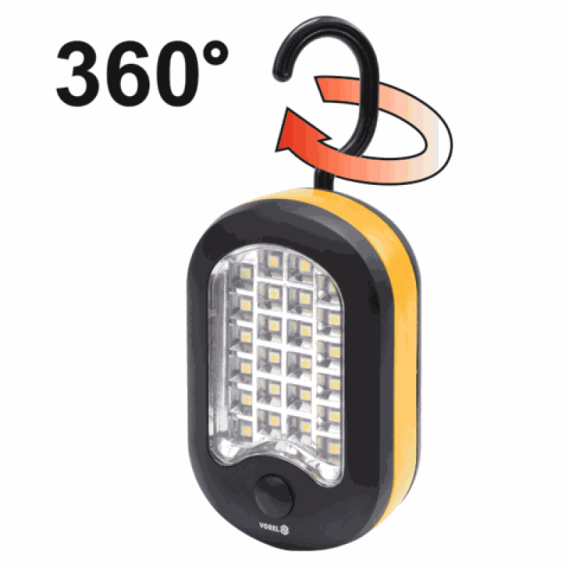 Светильник для мастерской ручной VOREL 82731, 24+3 LED, 3xAAA, магнит и крюк