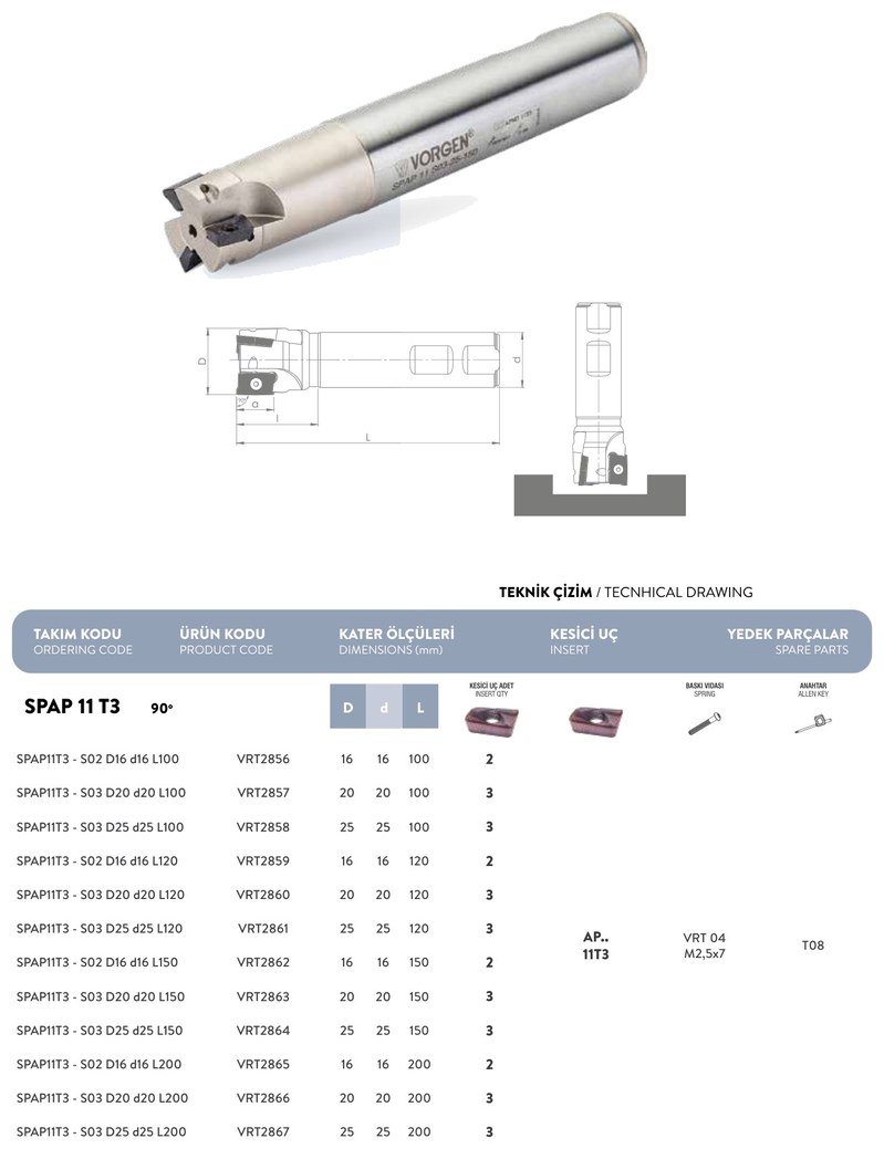 Фреза концевая SPAP11T3-S03 D25 d25 L200 под пластину APMT 11T3.. VORGEN