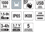 Фонарь на лоб диодный из дат YATO; 8Вт, живл. Li-Po аккумул 3,7 В, 1,2 АГод, режимы: 1000/500/100Lm