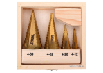 Свердла конічні ступінчасті титанові по металу STHOR: Ø=4-39мм, HSS 4241, 4шт. в дерев. футлярі